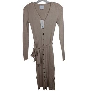 Pink Rose XS Heather Oatmeal Ribbed‎ Knit Button Front Belted Midi Dress